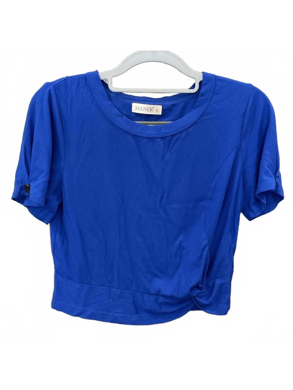 Maner Womens Short Sleeve W/ Button Round Neck Ribbed Blue Cropped Blouse Size S